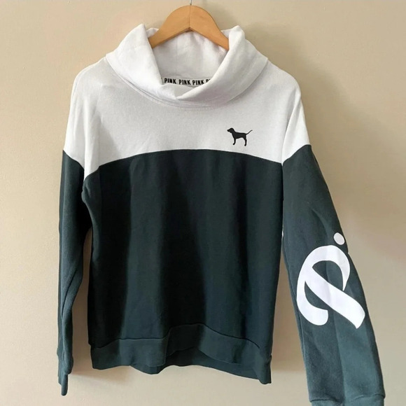 Victoria's secret pink cowl neck arm spellout Forest green/white sweater M - Picture 2 of 14